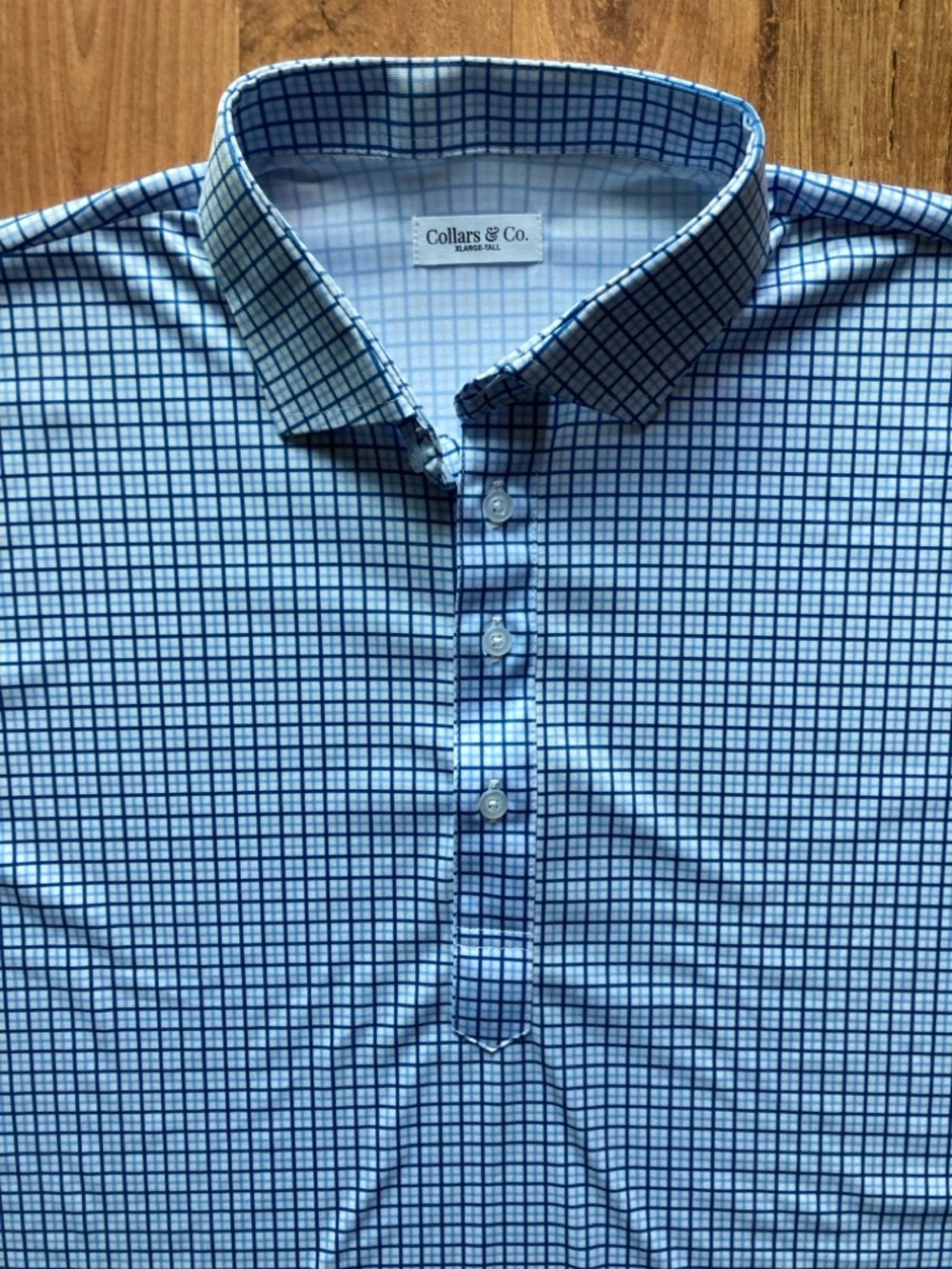Collars & Co Blue Check Performance Stretch Mens XLTall Short Sleeve Polo Shirt